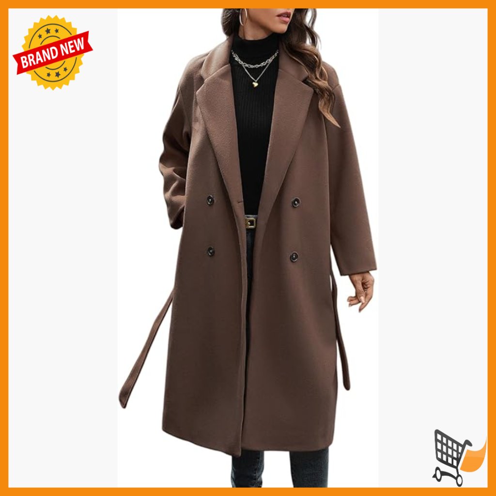 Women's Wool Blend Pea Coat Double Breasted Notch Collar Belted Trench